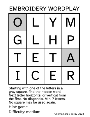 Embroidery Wordplay
a one-word word search puzzle

hint: game
difficulty: medium

Letter grid:
O* L Y M
G L H P
T E T A*
I C E R

letters marked with an asterisk indicate the potential starting points for the word. The image shows them with a gray background.