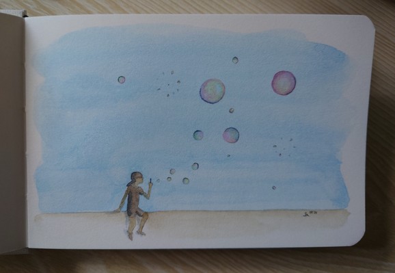 In Wasserfarben: ein Kind sitzt links im Bild und bläst Seifenblasen in den Himmel.
Zwei Seifenblasen zerplatzen gerade.