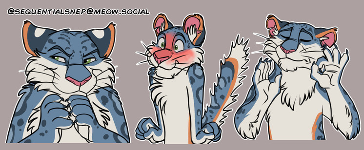 Three stickers with different expressions for Gallen a grey snow leopard.