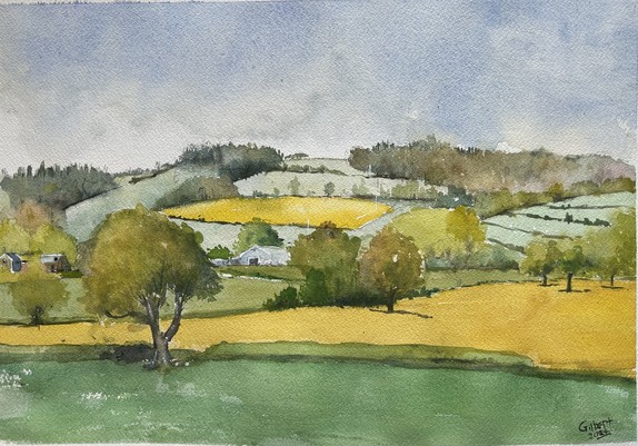 Watercolor painting of a rural landscape with rolling hills, scattered trees, and small houses. The sky is overcast, and fields are depicted in various shades of green and yellow.