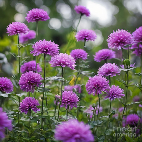 Vibrant purple flowers stand tall and bloom gracefully among lush green foliage. The soft bokeh effect in the background highlights the delicacy and beauty of the blossoms.