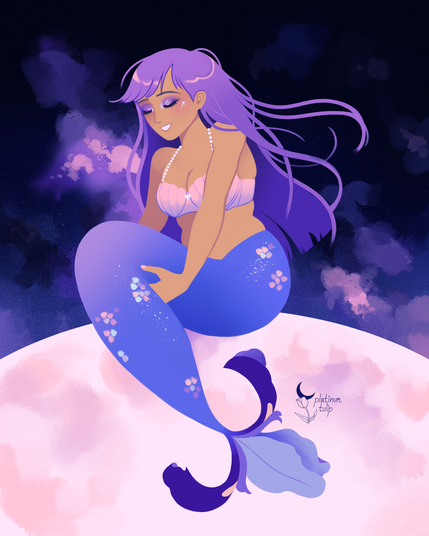 a digital painting of a mermaid with long, purple hair floating around her, as she sits peacefully on top of a moon-like sphere. she's wearing shimmering purple eyeshadow, and is smiling contentedly.