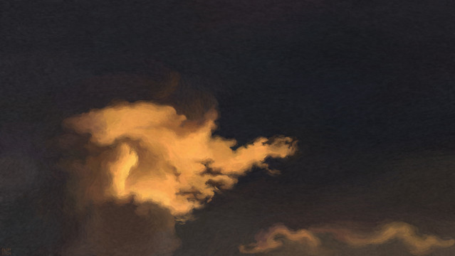 Digital painting: in a dark, dark cloudy sky, a cloud with jagged edges catches bright golden light from the side.