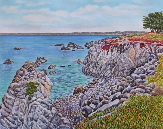 Watercolor painting of a coastal landscape. Monterey Bay,  rocks, ice plant.