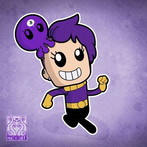 Cthonyxa, drawn as a dupe from the game Oxygen Not Included, grins at the camera while their head squid mimics their expression (sans mouth). She is posed in one of the classic dupe walking animations and her shirt is her signature purple. Cthonyxa’s signature is on the bottom left.