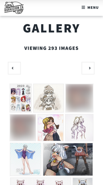 A screenshot of the new image gallery (not live yet) for my website, bigraccoon.ca.  It indicates that you're viewing 293 images (across multiple pages).  There are about 10 image thumbnails visible below that, all of them drawings of cute girls (but two of them are conspicuously obscured with a blur effect)