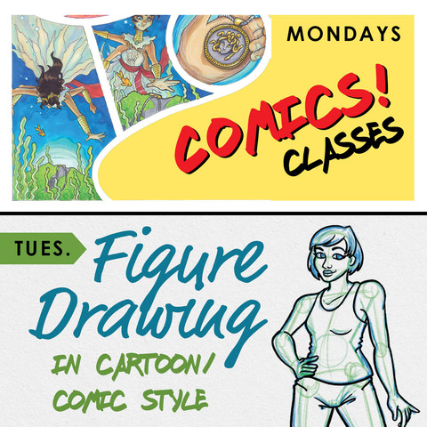 Advert for Comics Class and Figure Drawing Classes, including a few panels of a four armed woman swimming, and a sketch of a woman.