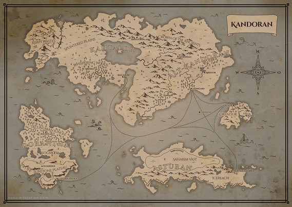 Old-style fantasy map illustration of a fictional world in black and white line art with a parchment-like background. The water areas are in a darker shade than the landmass. There are some stains and discoloration on the map surface.
