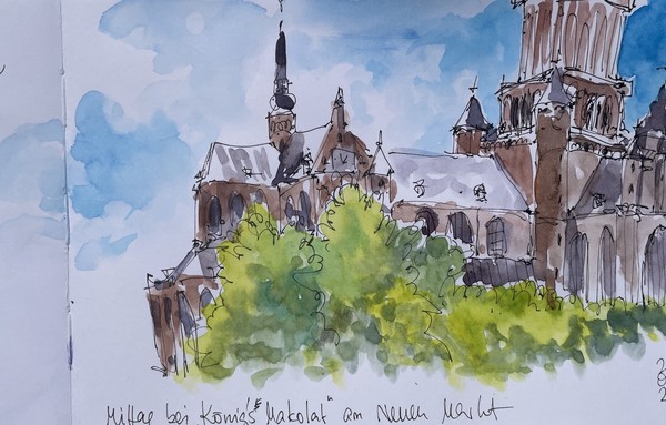 Watercolor and ink sketch of huge church 