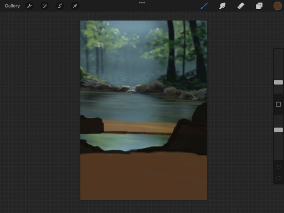 The beginnings of digital drawing of a river in a forest. So far there's just a few trees in the background and some rocks. 