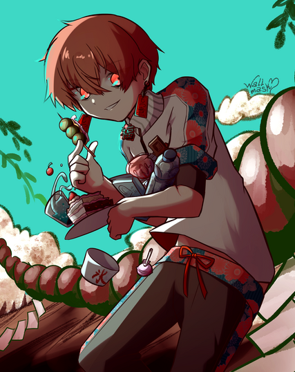 Anime style art of an orange hair boy holding various snacks, suck as rice dumplings, strawberry cake, apple candy, chocolate, etc. He is in shadows and the art has cyan colored sky and highlights.
The character is Higan, @/motsunkm.bsky.social 's Original Character, on BlueSky.