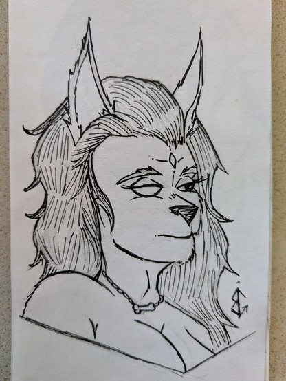 A black ink drawing of an anthro canine with long hair. They have a bored looking expression and stare into the distance.