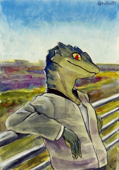 Watercolor painting of an anthro lizard leaning on a railing