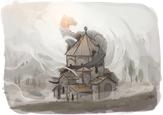 A castle with a lot of mist. There is a dragon which seems to be ready to attack you. 

There is a big spooky vibe.