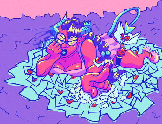 a cartoon drawing of my demon girl OC Heartbreaker. She's laying on her stomach upon a very large bed of love letters, head in one hand and angrily looking at the viewer. She's pointing at you with her other hand with her very long nails, almost accusing you of something and is opening her mouth to say something. Her blue pointed tail has speared another love letter straight through the heart.