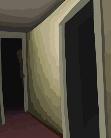 Girl peeking from the corner, at the end of a corridor.