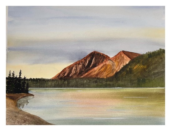 Painting of Mount Vanier, looking across Kusawa Lake, Yukon, at evening.