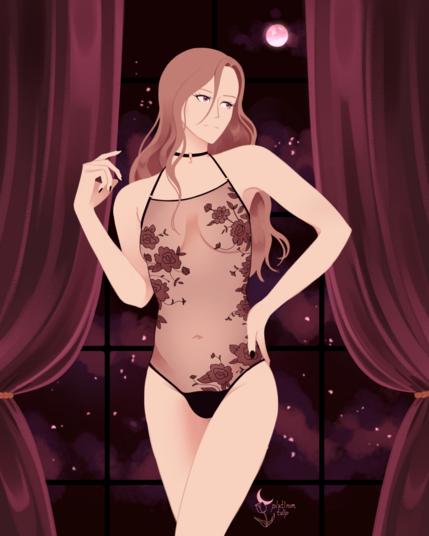 a person with long, blonde hair standing in front of a large window, with burgundy velvet curtains tied back. they are looking away with one hand on their hip, wearing a black, sheer bodysuit with floral embroidery. the moon is visible in the window, with cherry blossoms floating around in the night sky