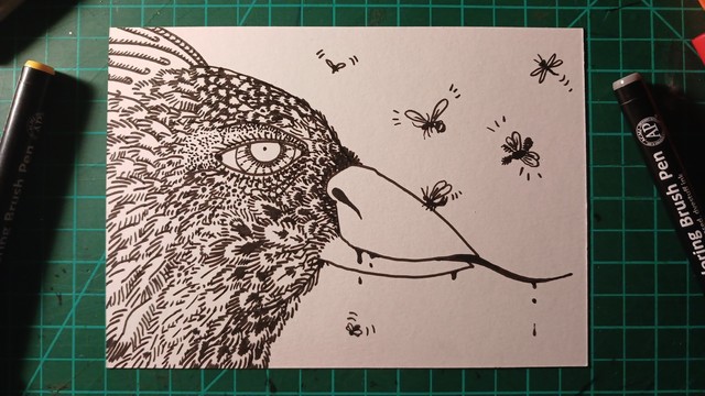 A black pen drawing of a birds face in profile. It has a human eye with a pinned pupil, and a long, thin tongue. Something dark is dripping from its beak and it's surrounded by little flying insects. 
