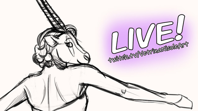 Stream announcement featuring a sketch by me. The sketch features a female oryx anthro from behind, looking over her shoulder. The text says 