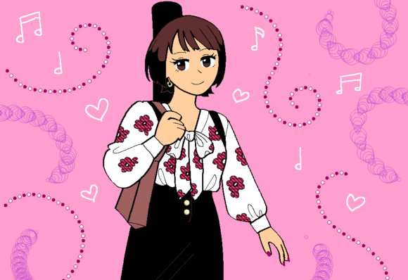 drawing of a woman with short, dark brown hair, and a floral blouse. she's carrying a case for an instrument on her back, with a reserved smile on her face. colorful dots and music note decorations surround her