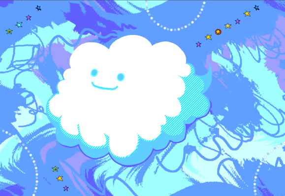 a cartoon doodle of a cloud, with a smile on its face. the background is a scribbly, abstract sky, with star-shaped stickers applied to it