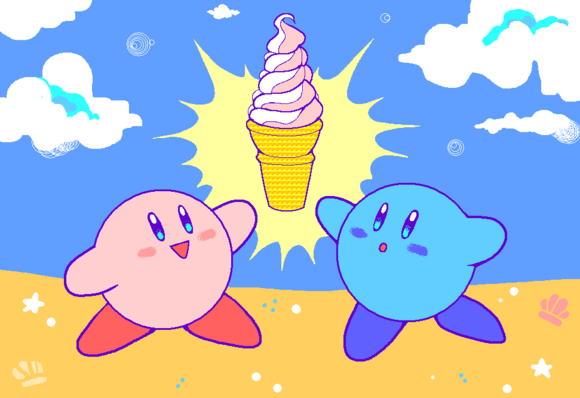 drawing of a pink Kirby and a blue Kirby sharing a soft serve ice cream cone on the beach