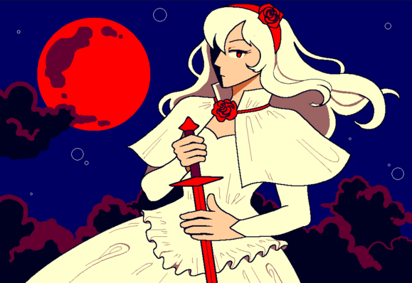 drawing of a woman with a fancy white dress in front of a blood red moon, holding a red sword and a stoic, ominous expression on her face