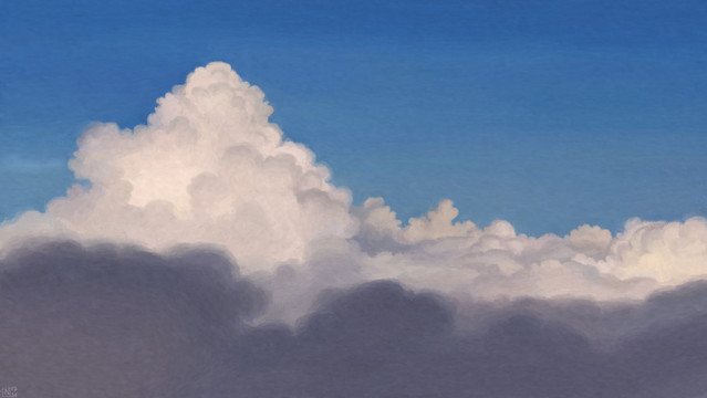 Digital painting of a blue sky in which tall clouds rise, bubbling white steam pushing up like small castles. In the foreground, a band of fuzzy grey clouds.