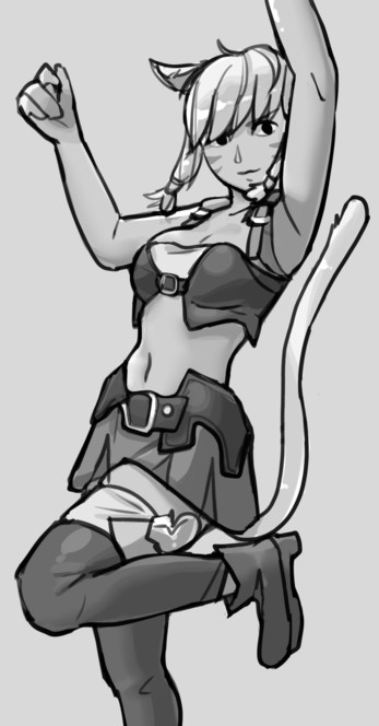 Drawing of a Miqo'te from Final Fantasy XIV. She's wearing the racial starting gear, which is a tank top (with belts of course), a short skith and some thigh high boots. She's really excited(?) and posing high in the air.