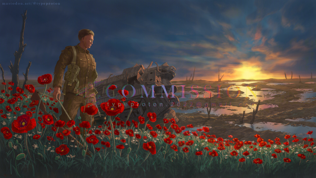 Digital commission artwork of a WW1 British soldier overlooking an aftermath of a battle