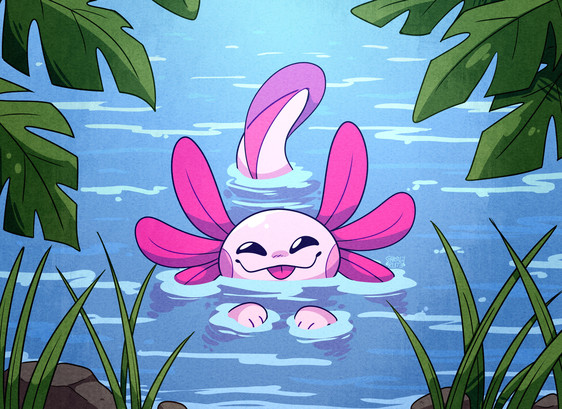 digital illustration of a cute pink axolotl swimming in the water, looking up happily towards the viewer.