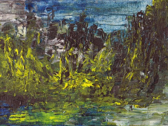 Abstract impressionist - with grey green “water” in the foreground, yellow green  “foliage” in the middleground, with dark greygreen “trees” behind and a blueish “sky” peeping through