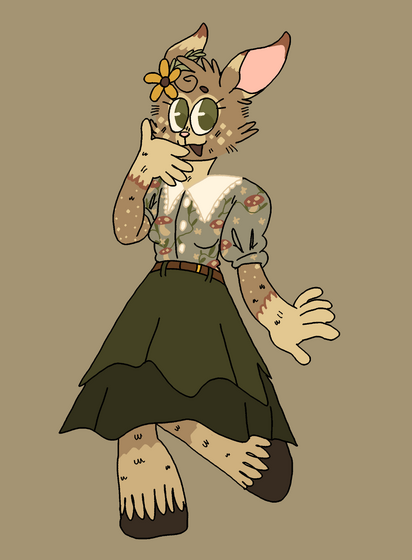 Wysteria, she/they, a light brown deer with speckles all over her arms and face. They have deep forest green eyes, a pink nose, and a yellow flower crown on thier ear. She's wearing a vintage looking blouse with a mushroom, flower, vine pattern and long deep green skirt.