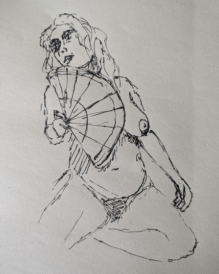 Ink sketch of a nude woman holding a fan. She is sitting on the floor, her right foot under her left leg. Her left boob peeks out behind the fan, which covers the right of her upper body.