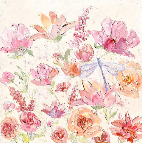 A thickly textured impressionist garden painting of spring flowers in shades of pink and apricot.