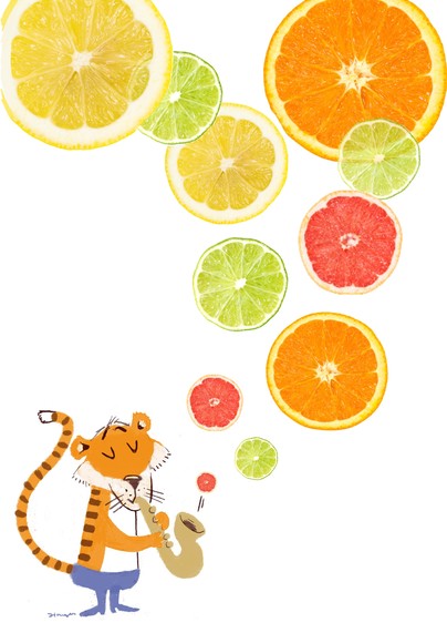 A tiger plays the saxophone - slices of citrus fruit come out of the instrument - a little refreshment!