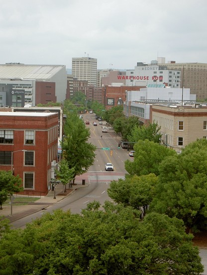 A view of Market Street from the roof of the parking garage. Warehouse Row is prominently visible.