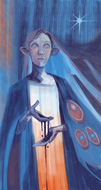 Digitial painting of an elf wearing a cloak with a false eye motif. Their hands are held open, one over the other, dripping a dark, wispy fluid through their fingers. A white seven-pointed star sits in the top right corner of the image