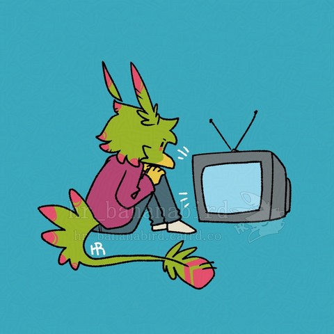 Digital art of a green anthro bird sitting on the floor intently watching a CRT TV playing anime. The bird is wearing a long sleeved purple shirt and blue jeans with white socks.