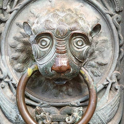 A large bronze knocker in the shape of maybe a lion? Eyes wide open, stupefied look in his face.