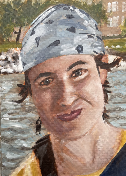 Oil painting portrait of young woman wearing a bandana on a boat