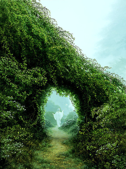 A woman stands on a winding path through an overgrown leafy arch. With her arms out at her sides, white robes drape down creating a ghostly contour. Framed by the uneven oval leading through arch, she raises her arm above her shoulder, gesturing palm up toward a flame inside a transparent sphere that floats ahead of her on the path. The vibrant green of the arch, rendered in the minutest leafy detail, contrasts a hazy blue-gray mist that fills the upper right of the painting.