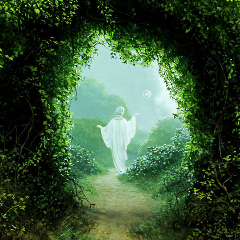 Detail of the opening through an overgrown leafy arch. The uneven oval frames a woman standing on the winding path. Wearing white robes that drape down creating a ghostly contour, she raises her arm above her shoulder, gesturing palm up toward a flame inside a transparent sphere that floats ahead of her on the path. 
