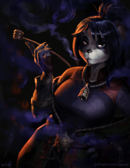 Pandaren leaning back while smoking a pipe. A purple haze surrounds her. Vague shapes of purple tentacles and orange eyes linger in the shadows.
