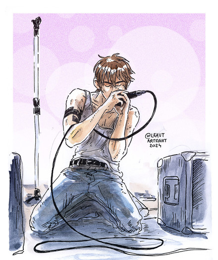 watercolour illustration of Tom, a singer performing on stage and kneeling down, singing with the mic close to his face as he is holding it close, and almost tenderly, close to his face. He is a young man with messy brown hair and pale skin, wearing a simple white tank top and bluejeans. He has a black band of celotape wrapped around his right arm