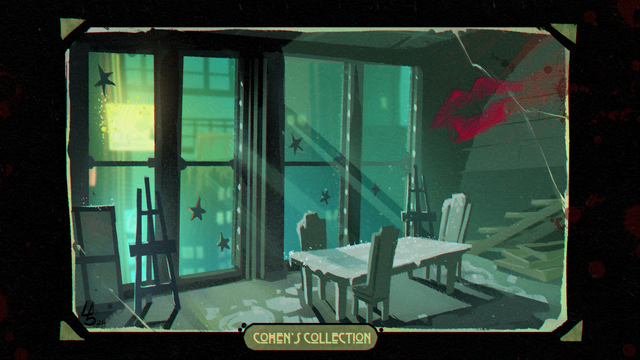 Gloomy dining room with 4 giant windows giving view to the underwater city of Rapture. Two chevalet and a painting are on each side of the window wall. In the middle rest a dining table covered in plaster. Top right there is a red lipstick kiss. The text at the bottom spells: Cohen's Collection.