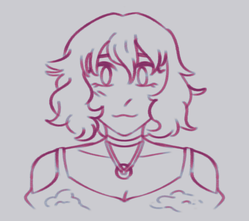 A bust sketch of a person with chin-length fluffy hair and a loose shirt with a cloudy sky design. They're smiling, somewhat shy.