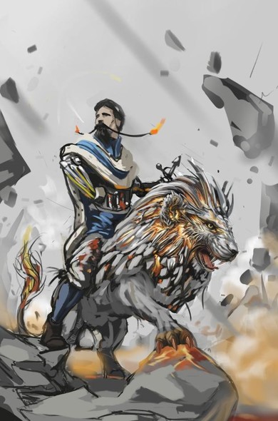 digital painting of a king, riding a chromium burning lion.