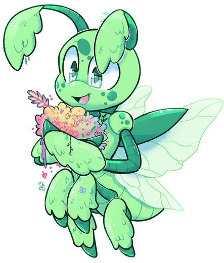 Green anthropomorphic insect character, flying through the air and holding a bunch of flowers.